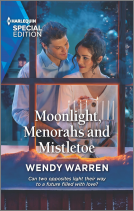 book cover for Moonlight, Menorahs and Mistletoe