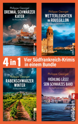 Buchcover für Dreimal schwarzer Kater // Wetterleuchten im Roussillon // Rabenschwarzer Winter // Frühling lässt sein schwarzes Band