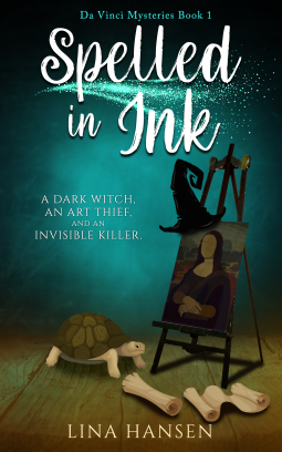 book cover for Spelled in Ink: A hilarious paranormal cozy murder mystery and fantasy featuring a witty female amateur sleuth